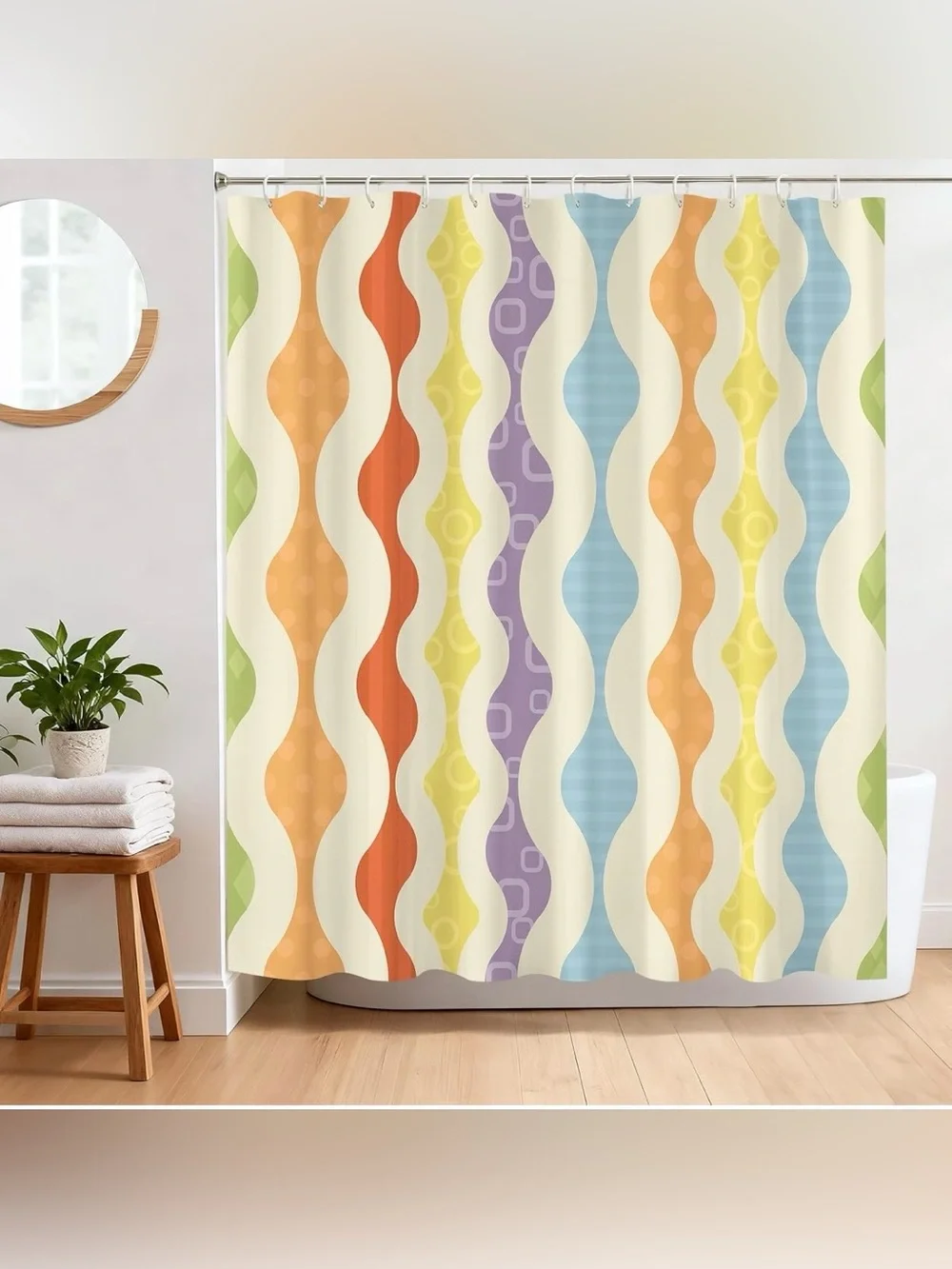 NEW Boho Rainbow Wavy Abstract Shower Curtain - 72”x72” - Polyester